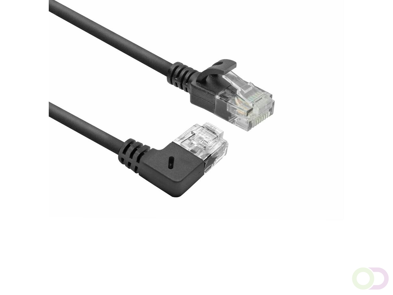 ACT Zwarte 0,25 meter U/UTP CAT6A LSZH slimline patchkabel met RJ45 connectoren, recht naar 90?? haaks rechts (DC2952)
