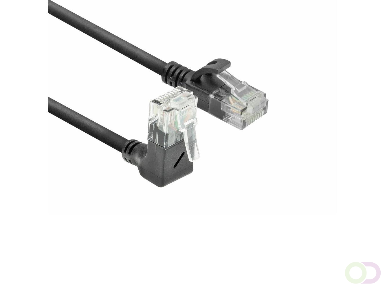 ACT Zwarte 1,5 meter U/UTP CAT6A LSZH slimline patchkabel met RJ45 connectoren, recht naar 90?? haaks boven (DC4951)