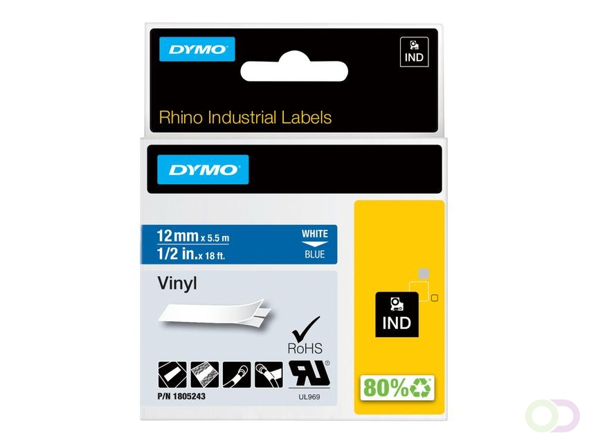 Labeltape Dymo Rhino industrieel vinyl 12mm wit op blauw