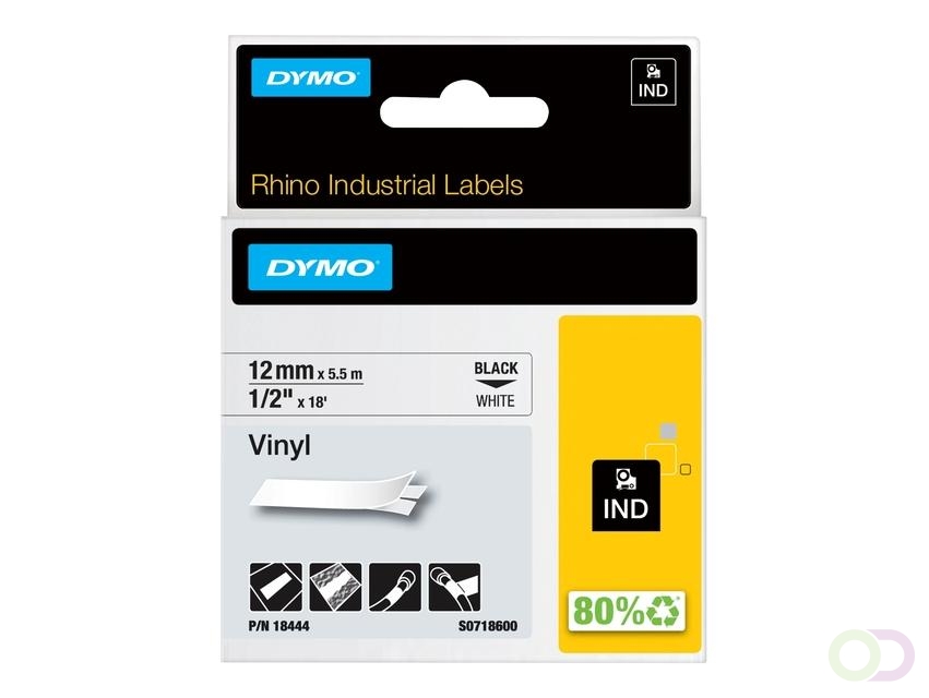 Labeltape Dymo Rhino industrieel vinyl 12mm zwart op wit