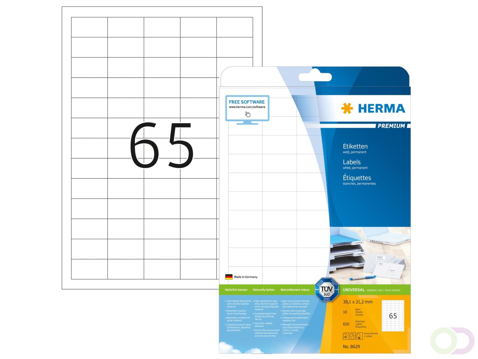 PREMIUM etiketten, A4, 38,1 x 21,2 mm, wit, permanent hechtend